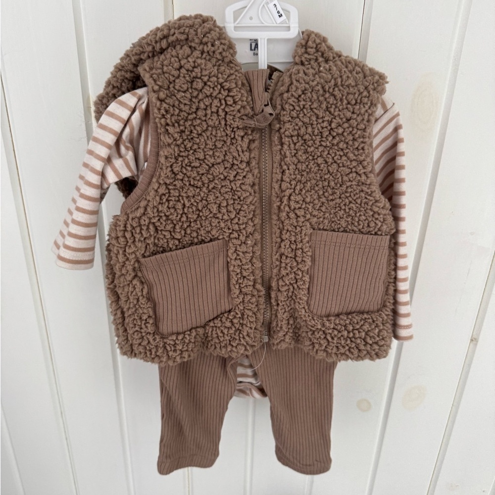 Little Lad Brown baby teddy Sherpa Vest with Striped Onesie and Pants Set 3-6 M